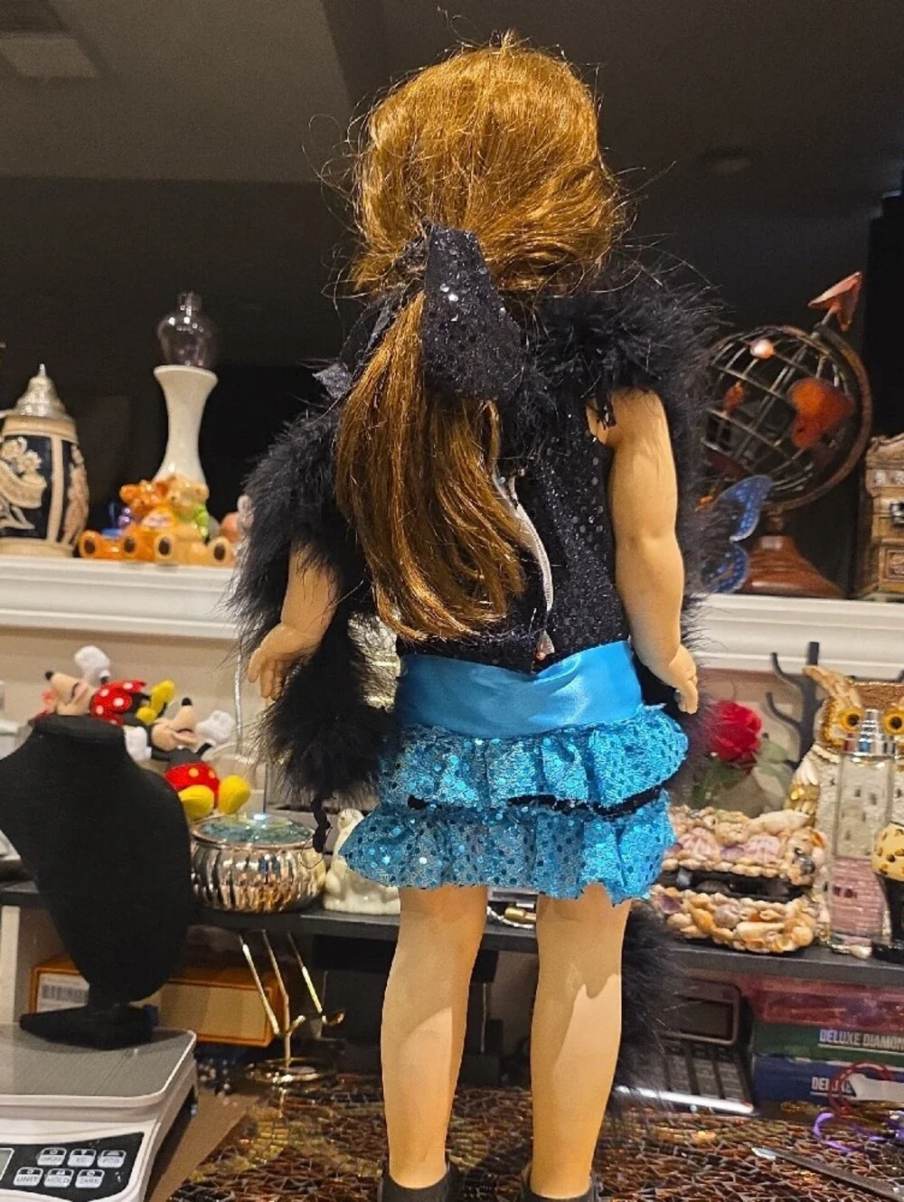 Madame Alexander Black Feathered Dress with Bright Blue Accents
